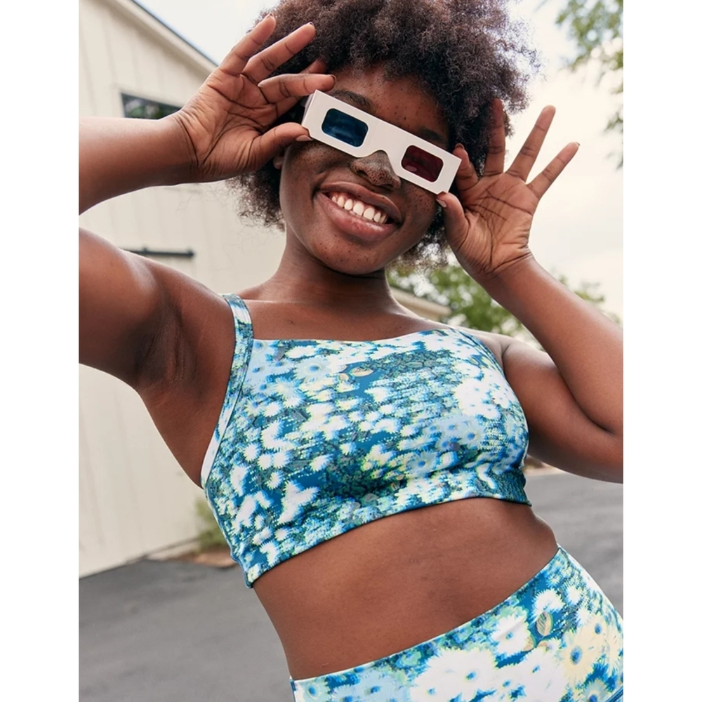 Aerie OFFLINE Printed Square Neck Sports Bra Size XSmall Color Blue Path NWT